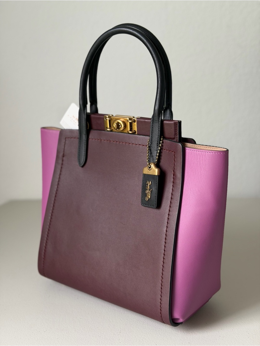 Coach Colorblock Troupe Bag Two-Tone Burgundy and Pink Leather Tote - Picture 4 of 12